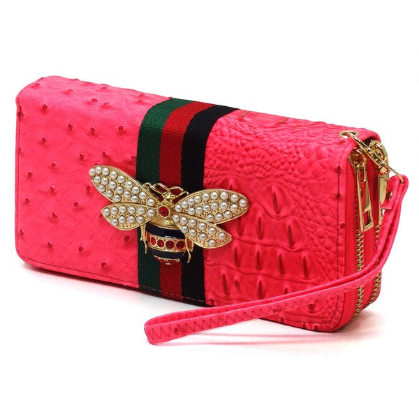 Queen Bee Stripe Ostrich Double Zip Around Faux Vegan Leather Wallet Fashion World