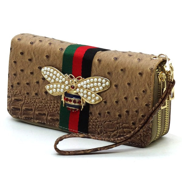 Queen Bee Stripe Ostrich Double Zip Around Faux Vegan Leather Wallet Fashion World