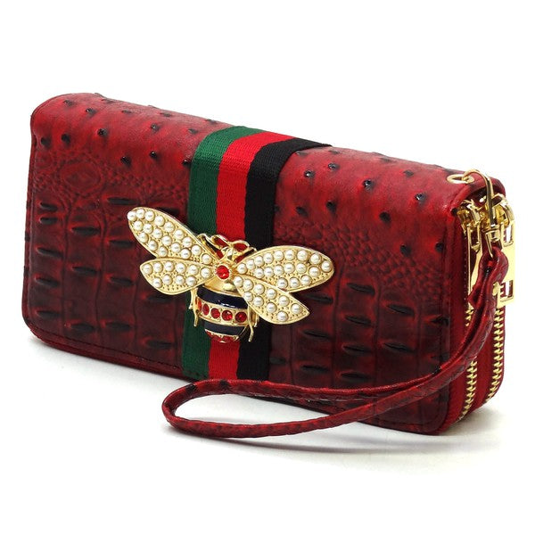 Queen Bee Stripe Ostrich Double Zip Around Faux Vegan Leather Wallet Fashion World