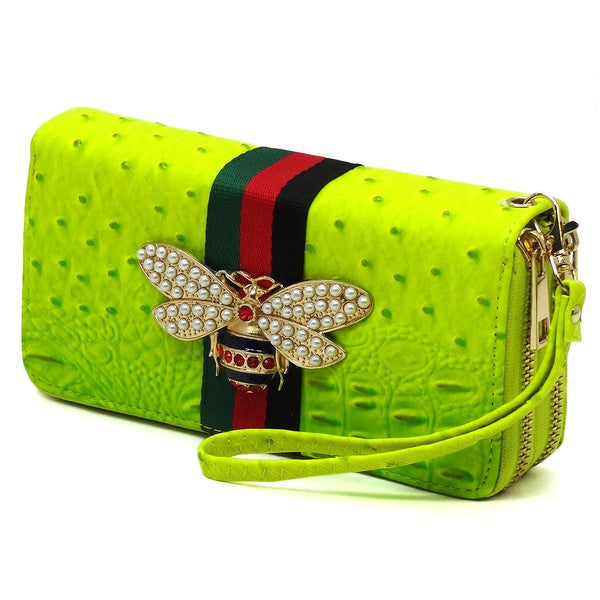 Queen Bee Stripe Ostrich Double Zip Around Faux Vegan Leather Wallet Fashion World
