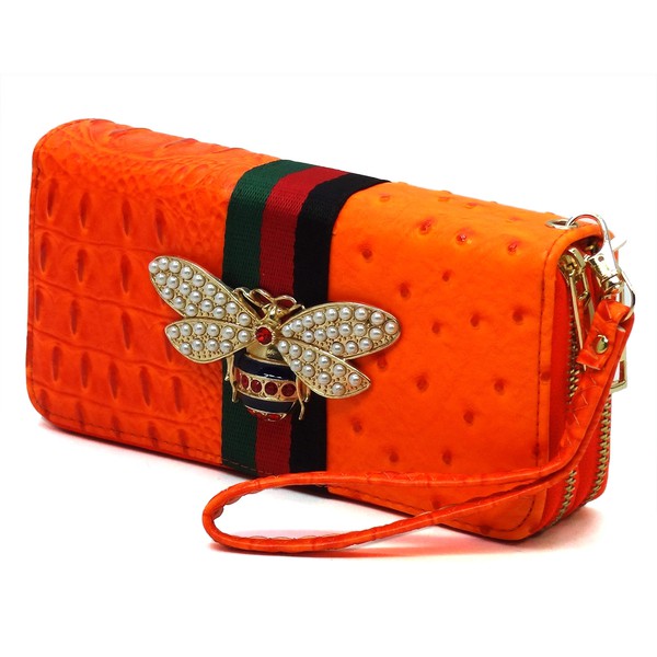 Queen Bee Stripe Ostrich Double Zip Around Faux Vegan Leather Wallet Fashion World