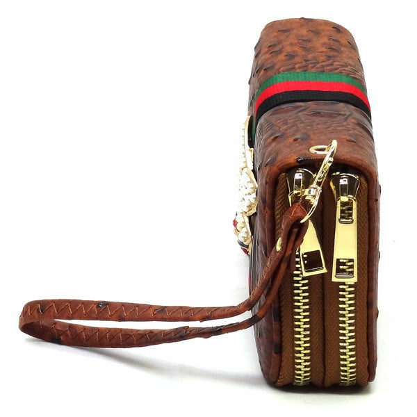 Queen Bee Stripe Ostrich Double Zip Around Faux Vegan Leather Wallet Fashion World