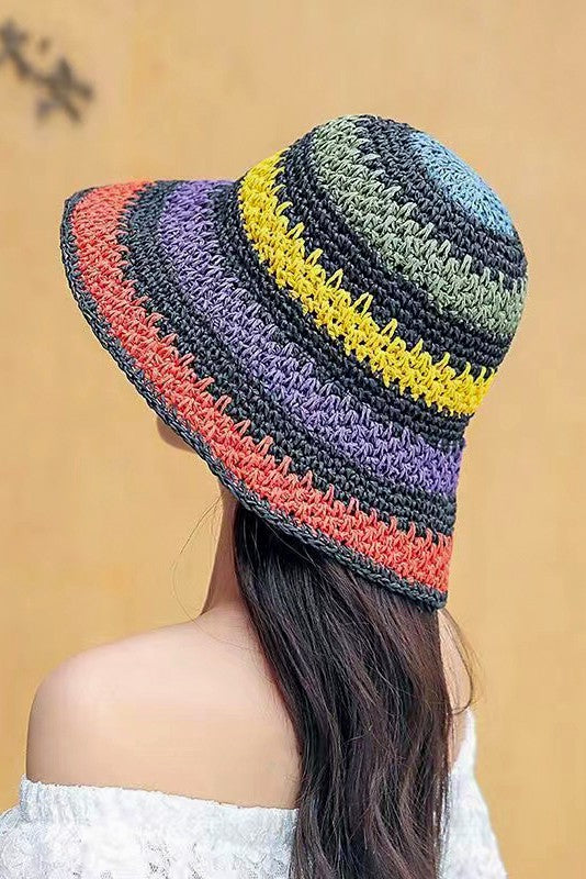 Multicolor Striped Packable Crochet Straw Bucket Hat LA3accessories