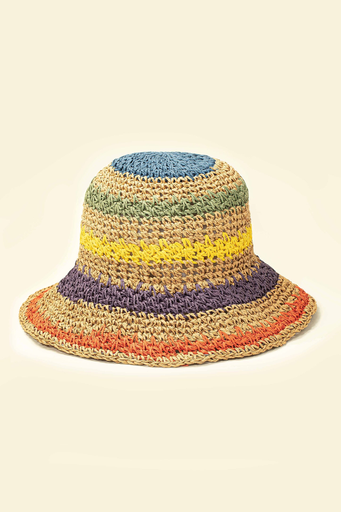 Multicolor Striped Packable Crochet Straw Bucket Hat LA3accessories