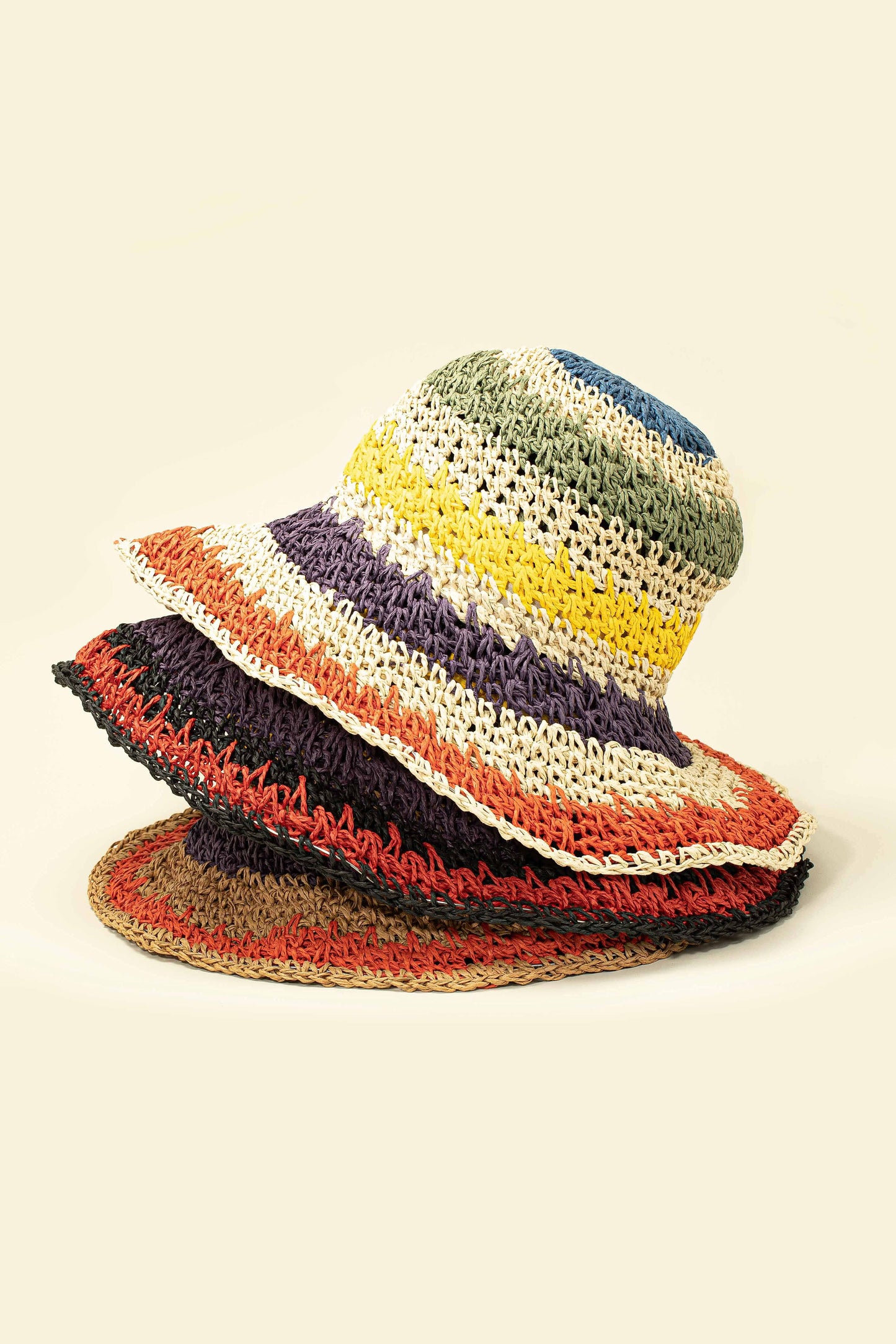 Multicolor Striped Packable Crochet Straw Bucket Hat LA3accessories