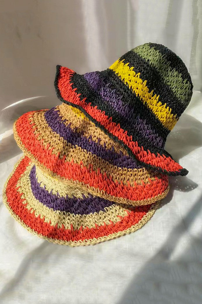 Multicolor Striped Packable Crochet Straw Bucket Hat LA3accessories