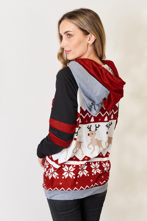 Double Take Full Size Christmas Drawstring Long Sleeve Hoodie DAME BOHEME
