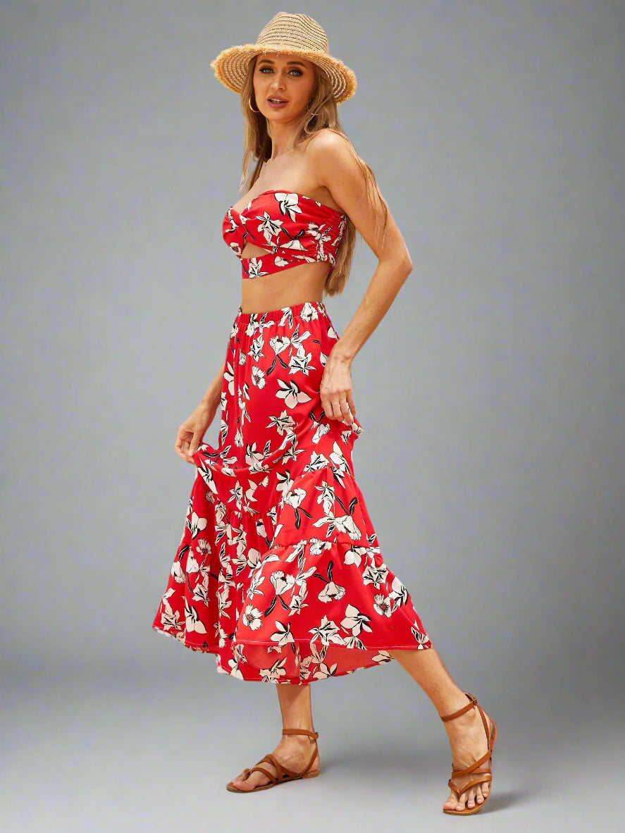 Women's Red Twisted Bandeau Top and Long Skirt 2Pc Set Annva USA