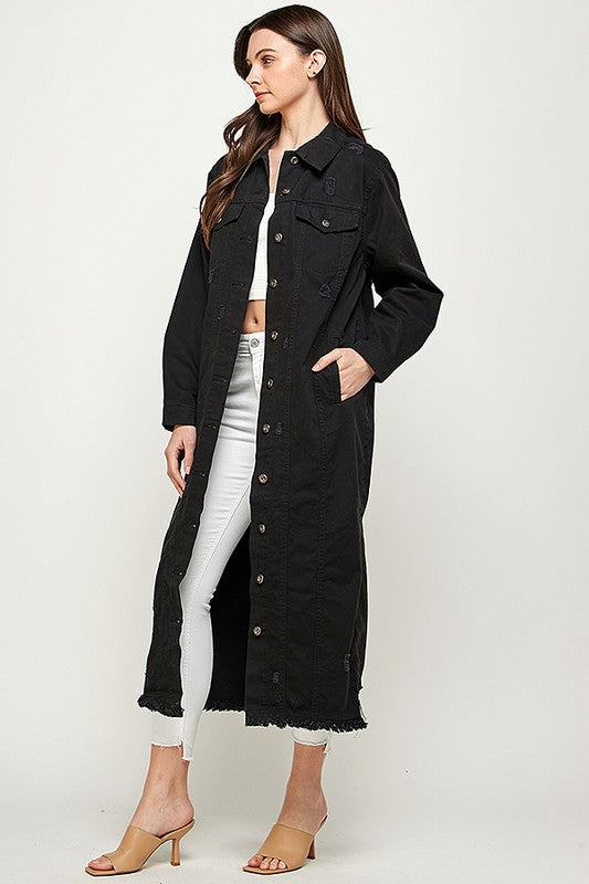 Women's Distressed Long Denim Maxi Jacket Duster Blue Age