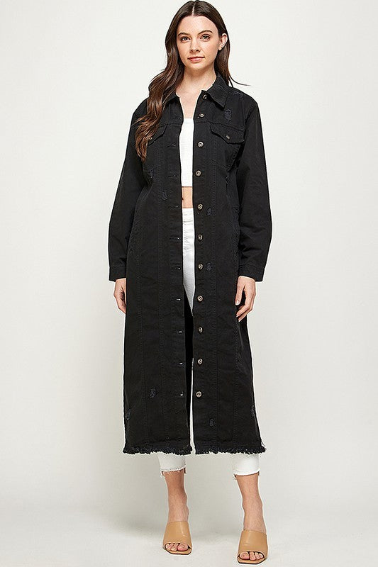 Women's Distressed Long Denim Maxi Jacket Duster Blue Age