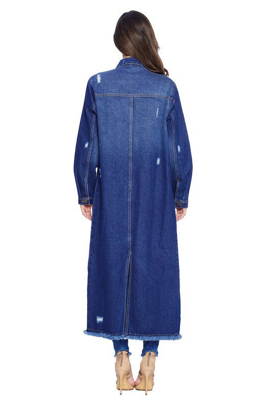 Women's Distressed Long Denim Maxi Jacket Duster Blue Age