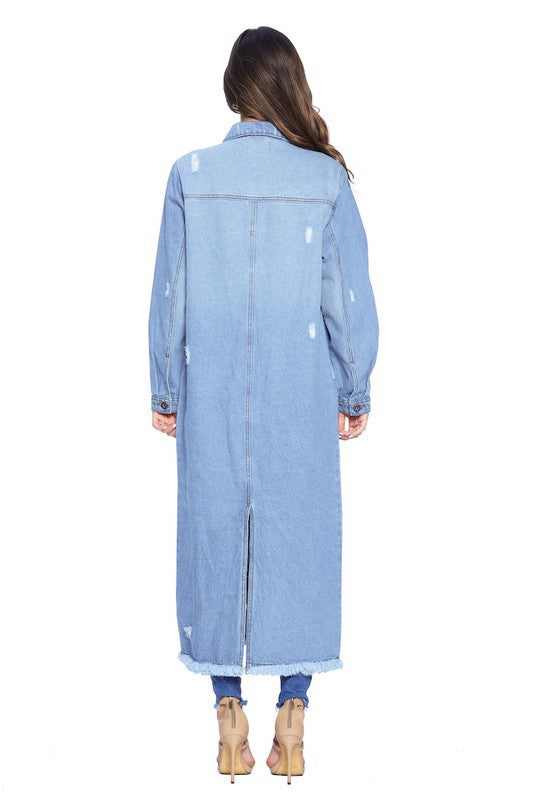 Women's Distressed Long Denim Maxi Jacket Duster Blue Age