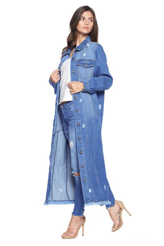Women's Distressed Long Denim Maxi Jacket Duster Blue Age