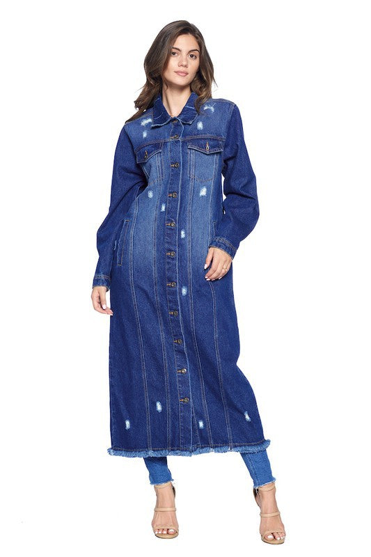 Women's Distressed Long Denim Maxi Jacket Duster Blue Age