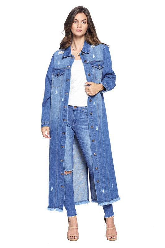 Women's Distressed Long Denim Maxi Jacket Duster Blue Age