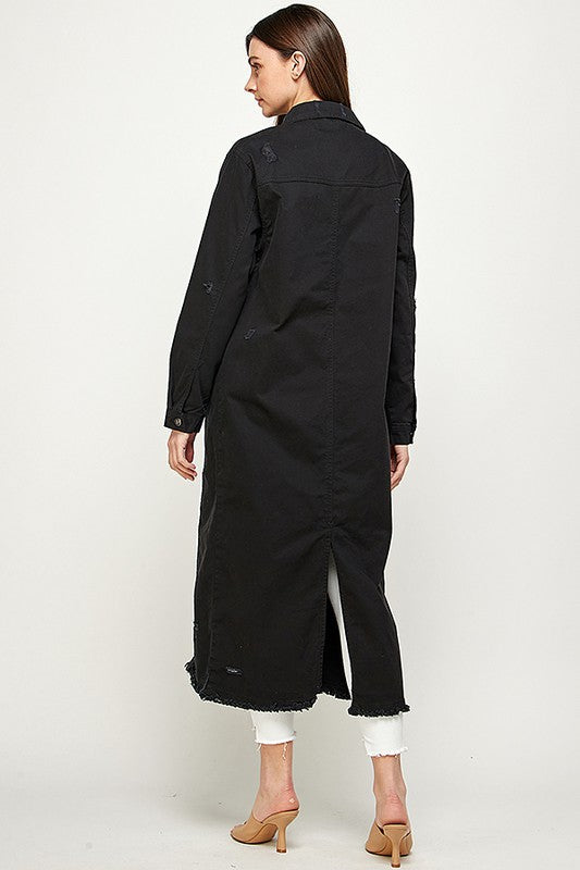 Women's Distressed Long Denim Maxi Jacket Duster Blue Age
