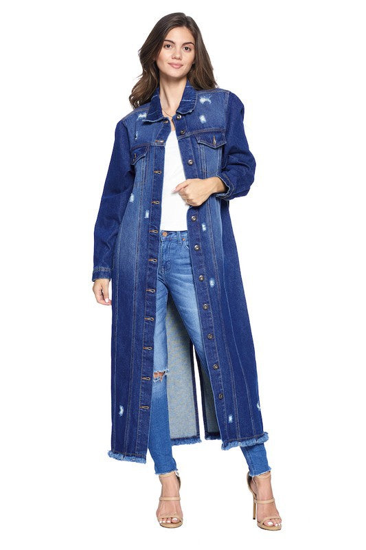 Women's Distressed Long Denim Maxi Jacket Duster Blue Age