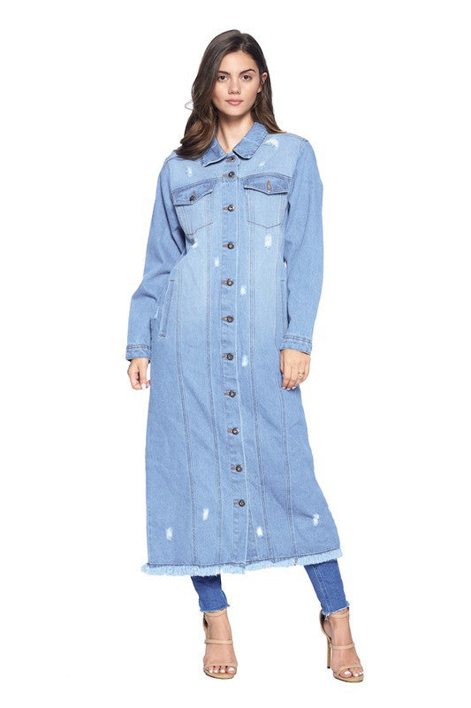 Women's Distressed Long Denim Maxi Jacket Duster Blue Age