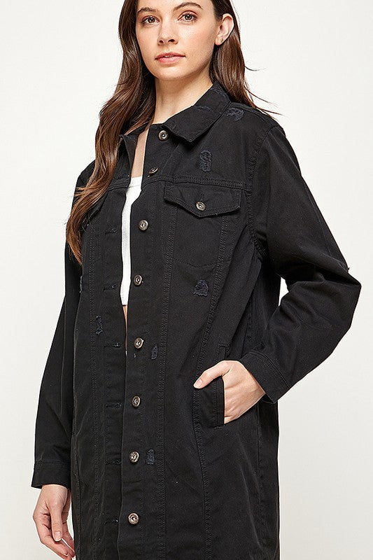 Women's Distressed Long Denim Maxi Jacket Duster Blue Age