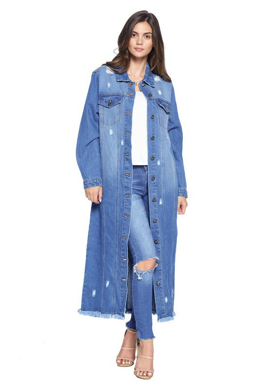 Women's Distressed Long Denim Maxi Jacket Duster Blue Age
