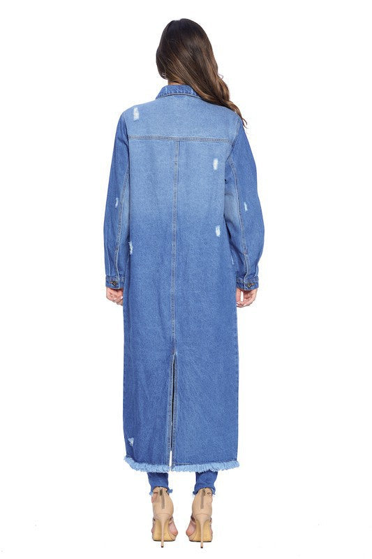 Women's Distressed Long Denim Maxi Jacket Duster Blue Age