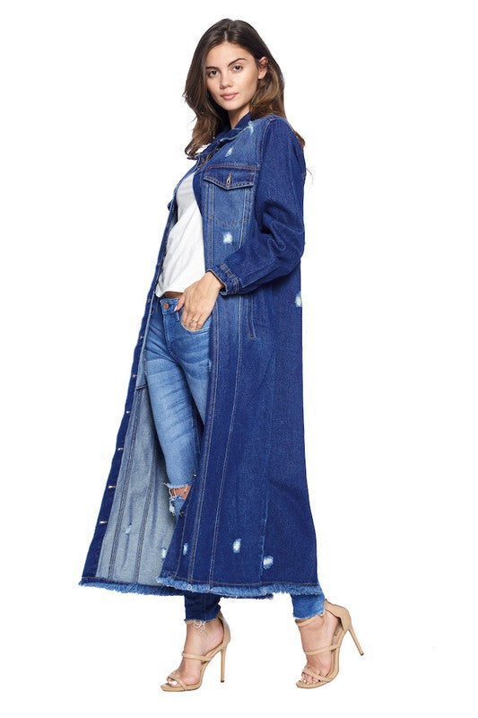 Women's Distressed Long Denim Maxi Jacket Duster Blue Age