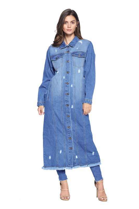 Women's Distressed Long Denim Maxi Jacket Duster Blue Age