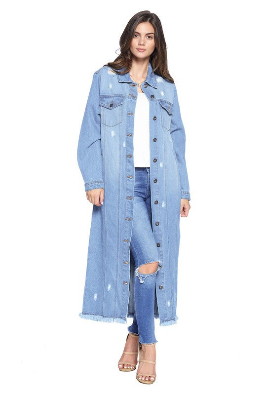 Women's Distressed Long Denim Maxi Jacket Duster Blue Age