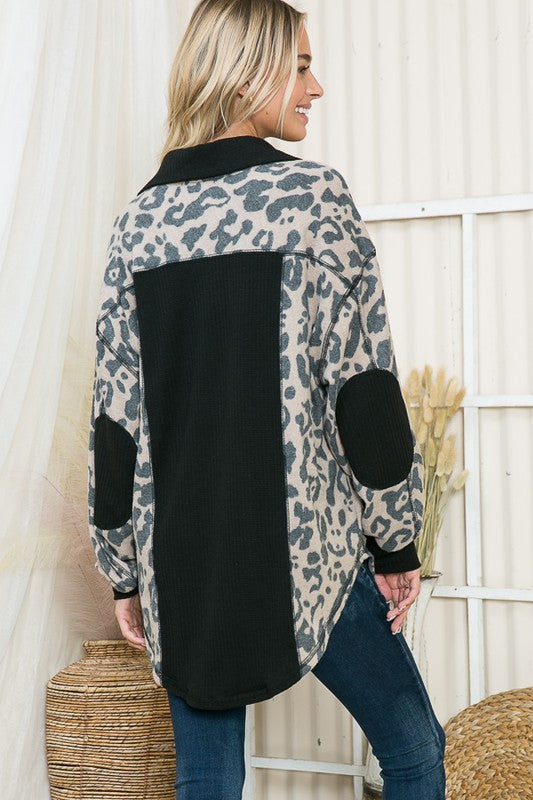 Oversized Elbow Patch Plaid Leopard Print Shacket Orange Farm Clothing