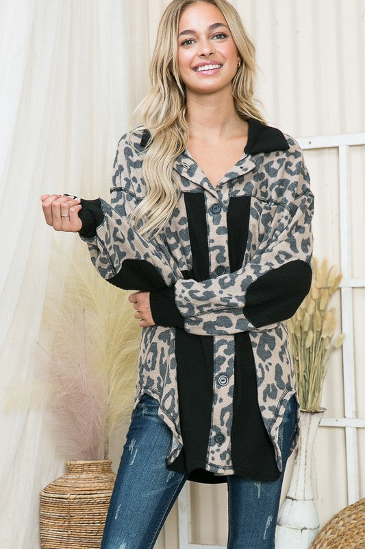 Oversized Elbow Patch Plaid Leopard Print Shacket Orange Farm Clothing