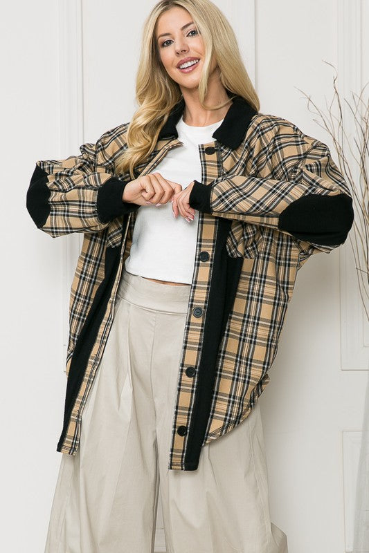 Oversized Elbow Patch Plaid Leopard Print Shacket Orange Farm Clothing