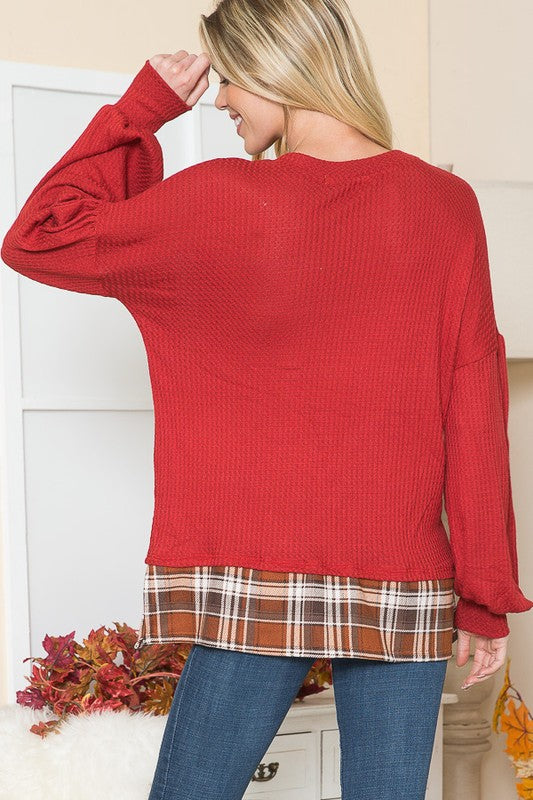 Balloon Sleeve Waffle Textured Blouse Orange Farm Clothing