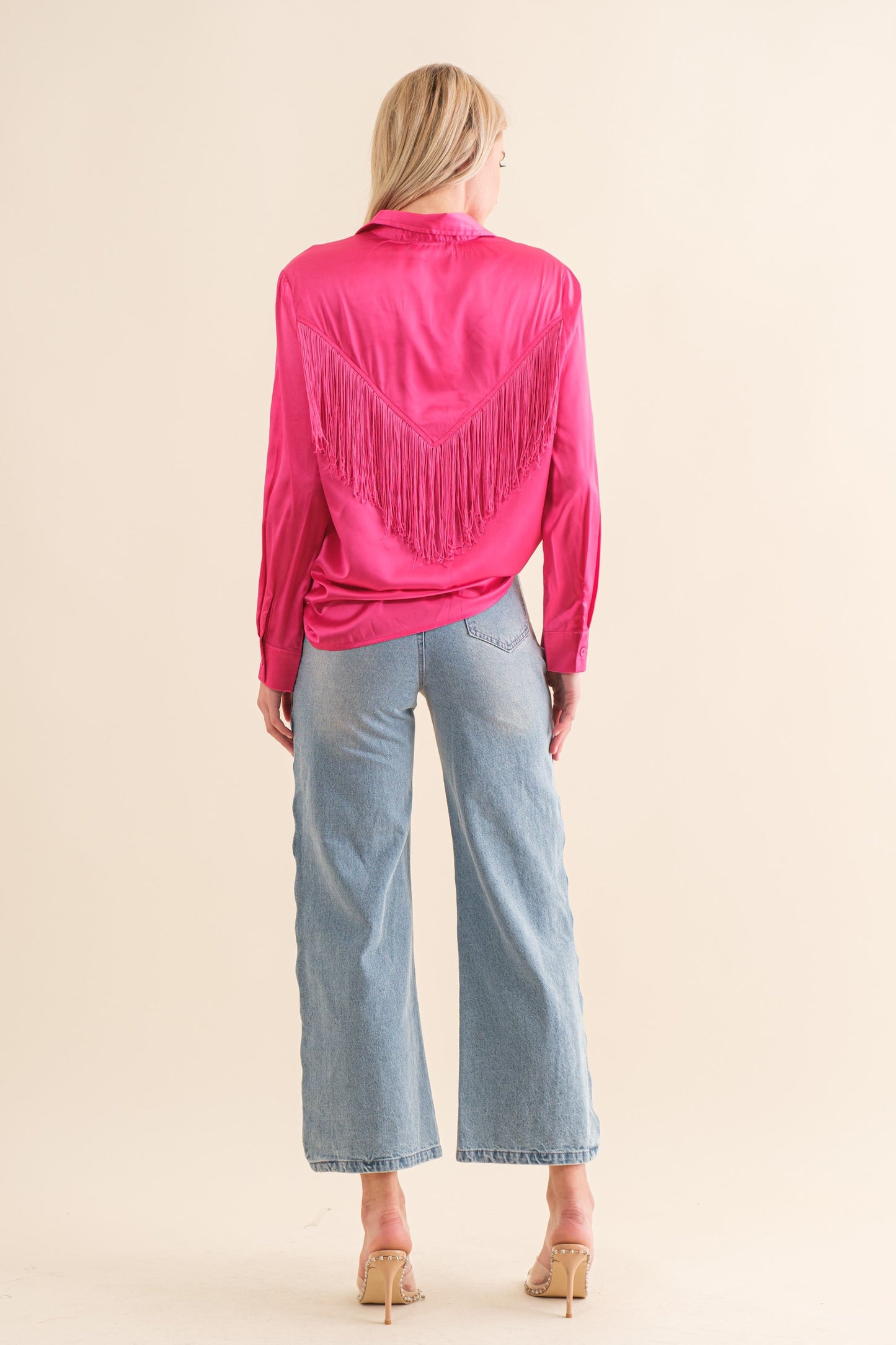 Chevron Fringe Satin Button-Down Boho Shirt Blue B