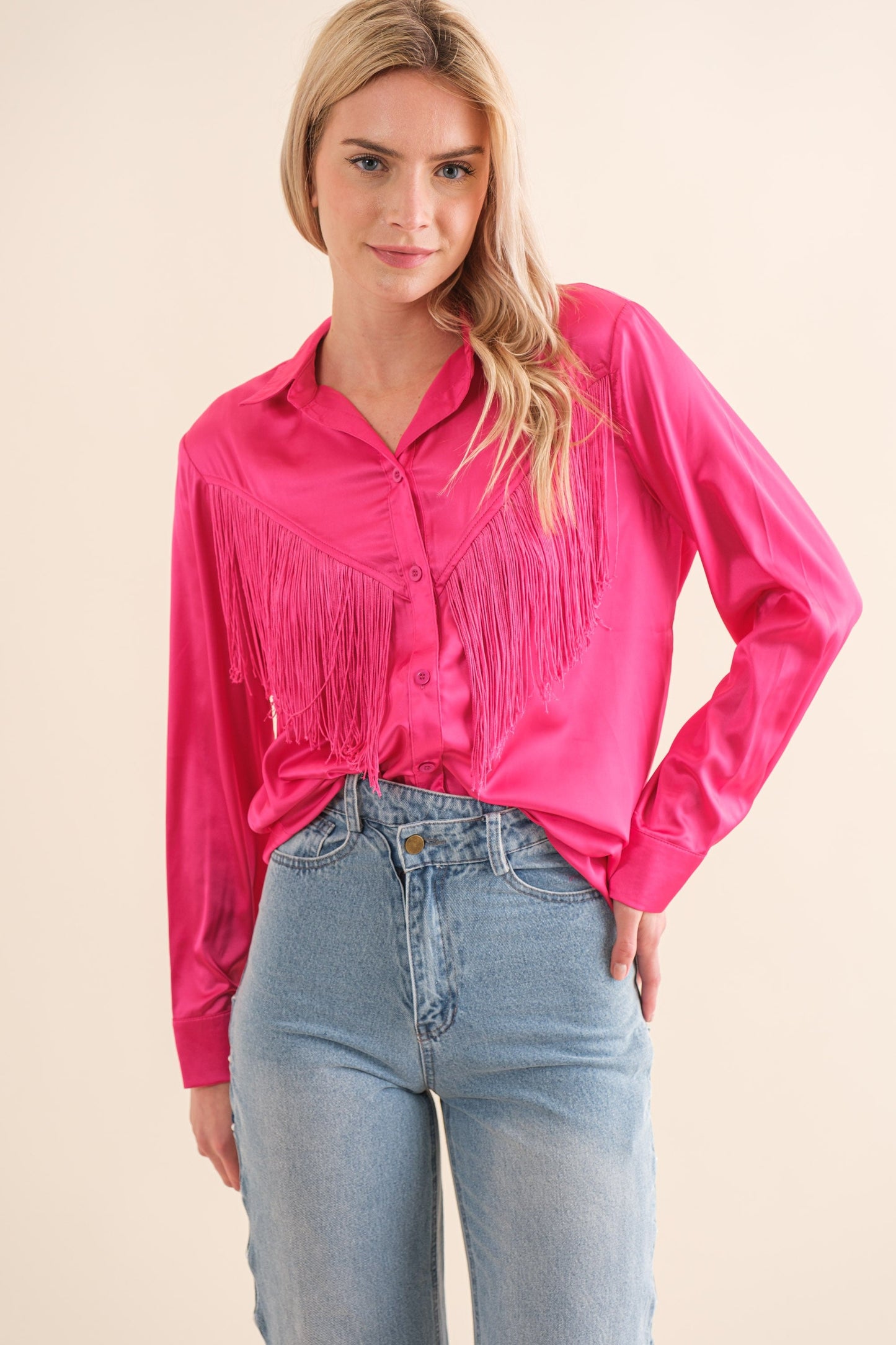 Chevron Fringe Satin Button-Down Boho Shirt Blue B