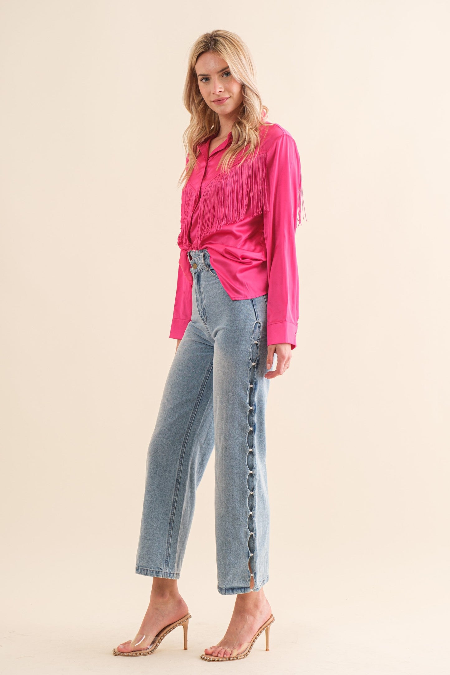 Chevron Fringe Satin Button-Down Boho Shirt Blue B