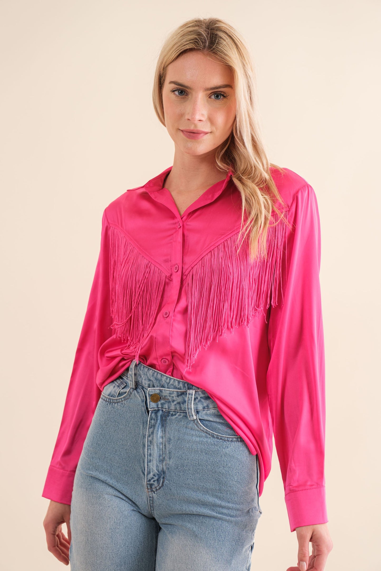 Chevron Fringe Satin Button-Down Boho Shirt Blue B
