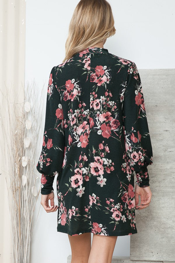 Floral Print Sweater Mini Dress with Pockets Orange Farm Clothing