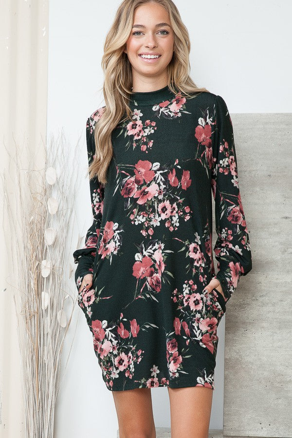 Floral Print Sweater Mini Dress with Pockets Orange Farm Clothing