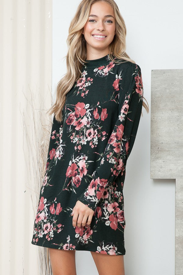 Floral Print Sweater Mini Dress with Pockets Orange Farm Clothing