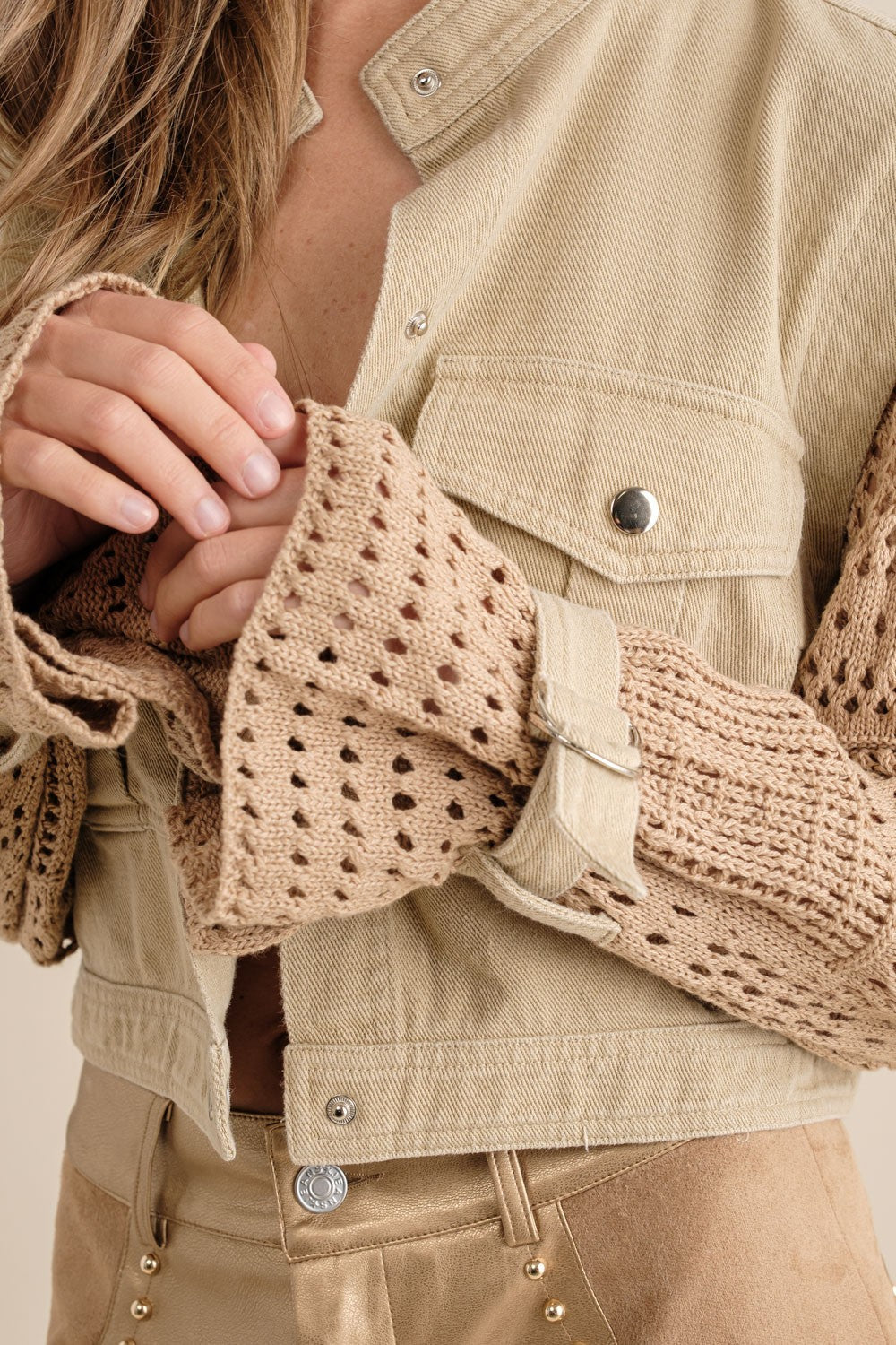 Buckle Tie Crochet Sleeves Crop Twill Jacket Blue B