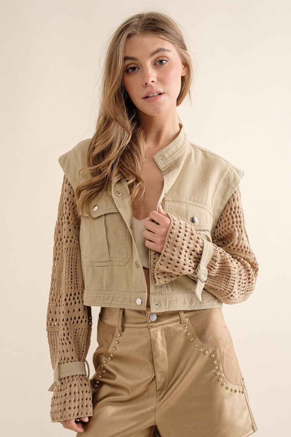 Buckle Tie Crochet Sleeves Crop Twill Jacket Blue B
