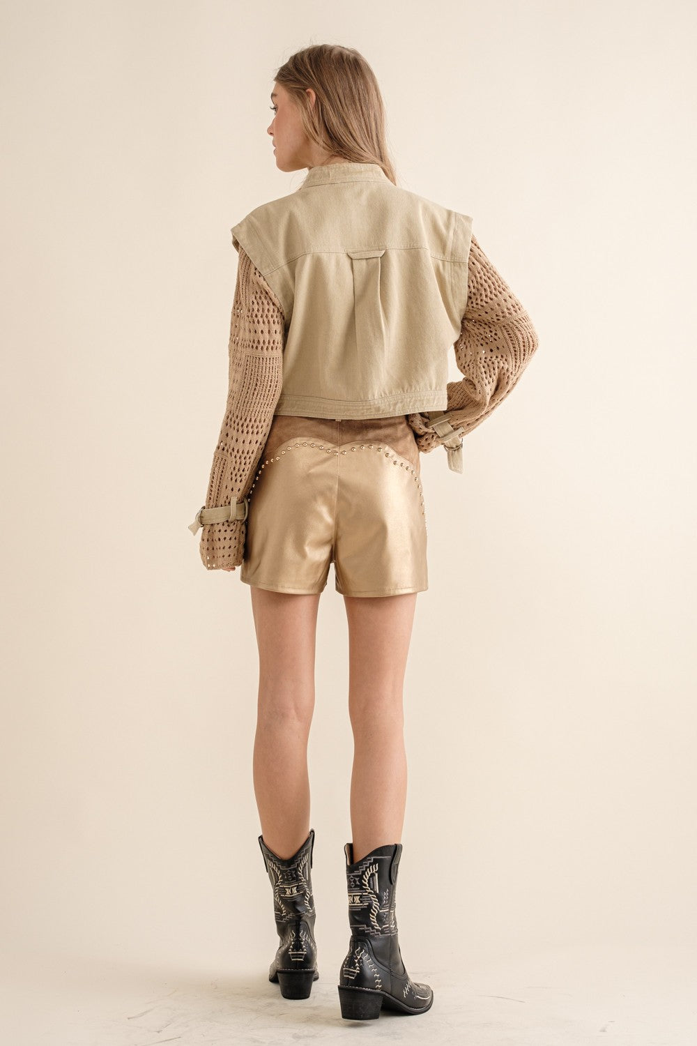 Buckle Tie Crochet Sleeves Crop Twill Jacket Blue B