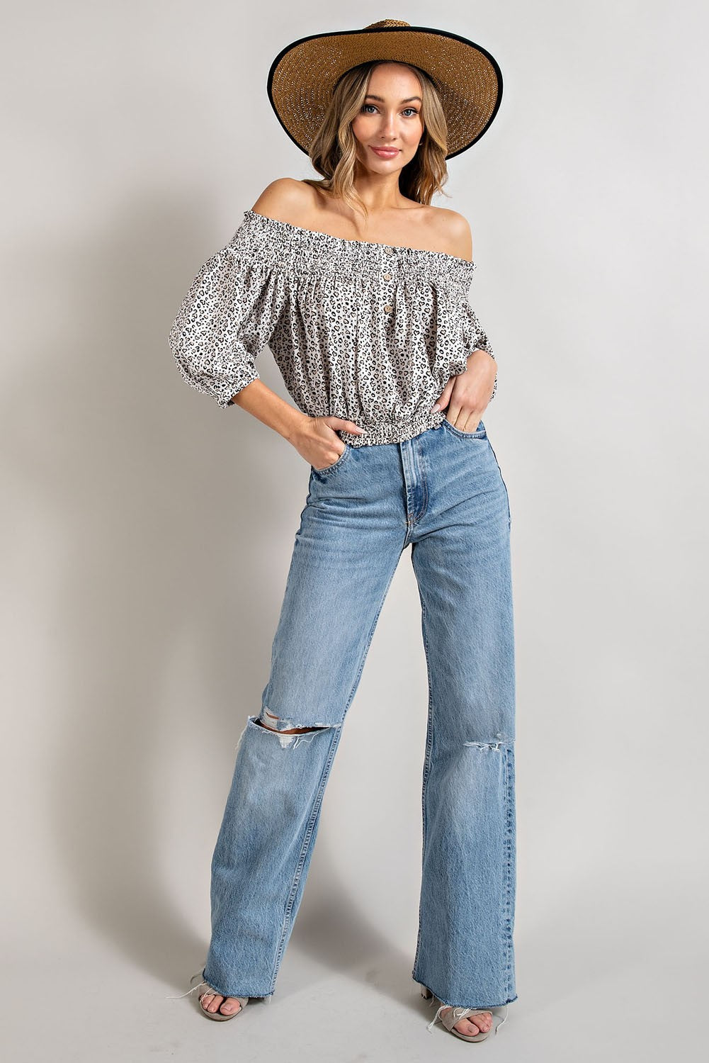 Animal Print Smocked Off the Shoulder Top eesome