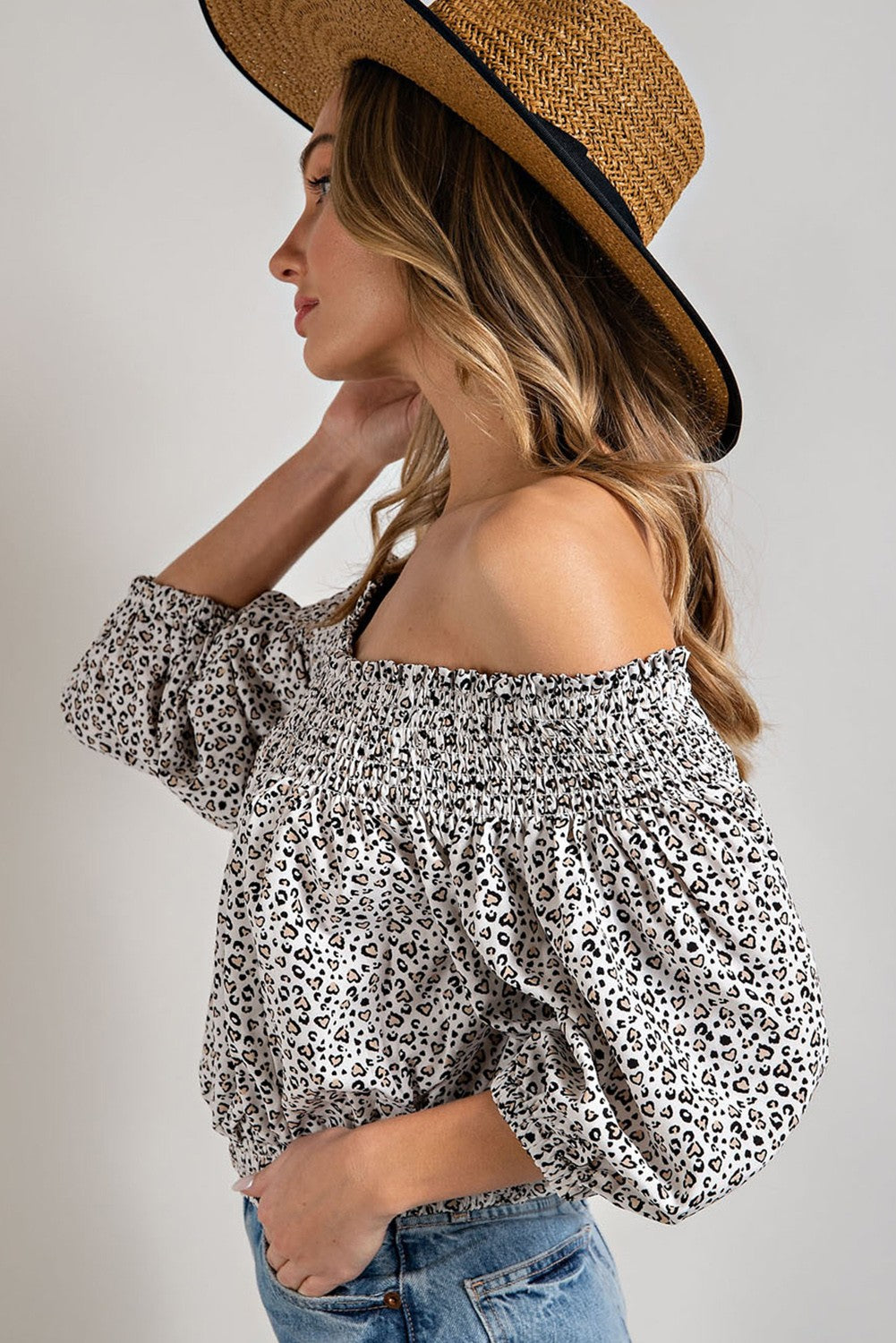 Animal Print Smocked Off the Shoulder Top eesome