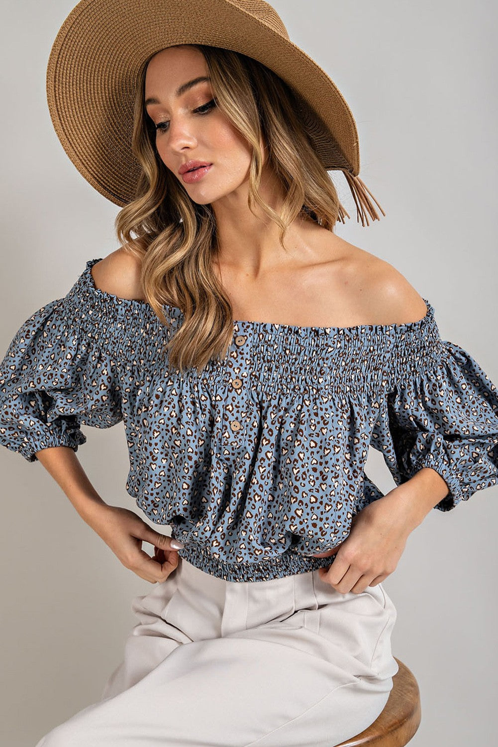 Animal Print Smocked Off the Shoulder Top eesome