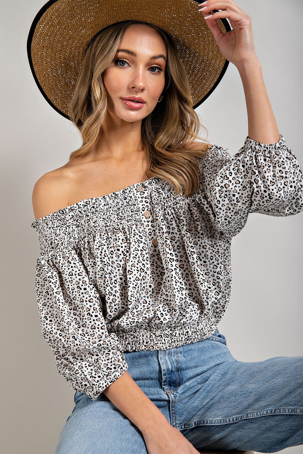Animal Print Smocked Off the Shoulder Top eesome