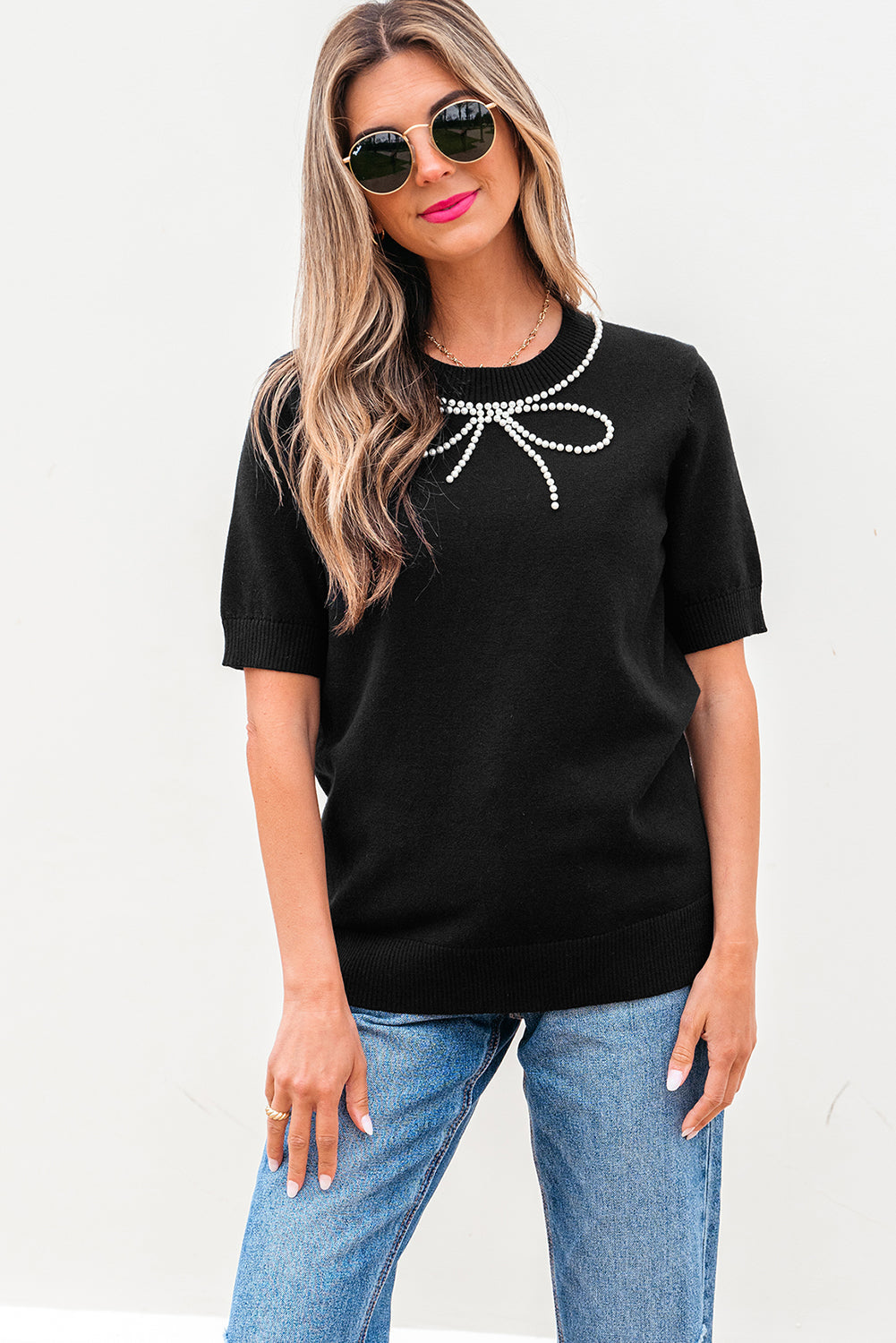 Bria Pearl Bow Short Sleeve Knitted Top DAME BOHEME