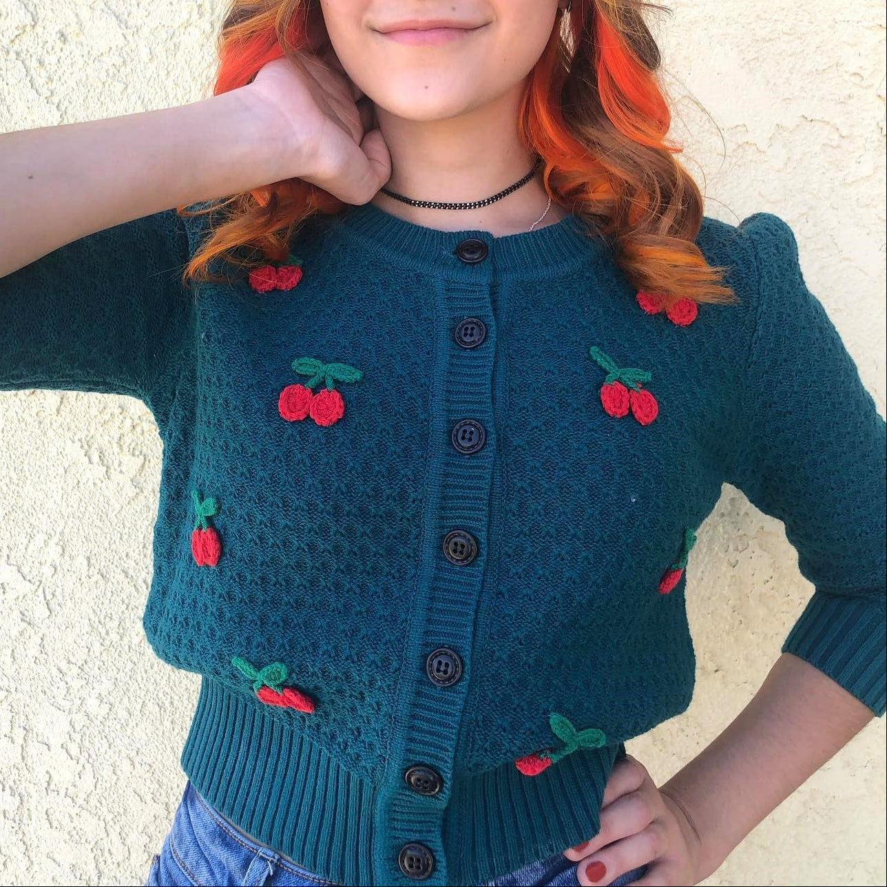 Cherry Crochet Pom Pom Cropped Cardigan Sweater