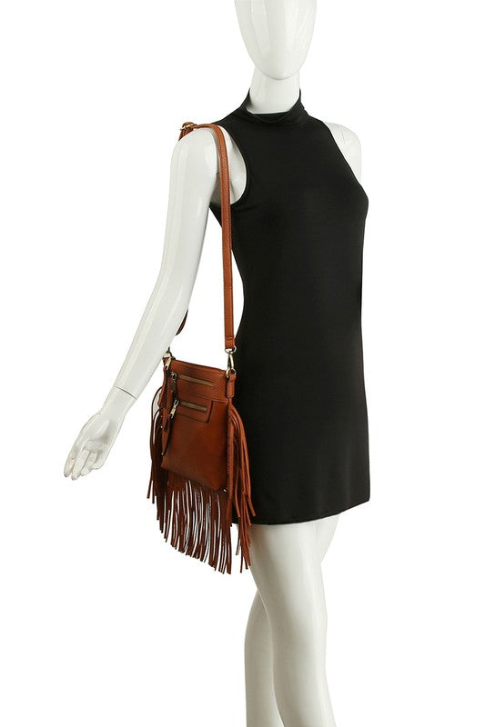 Western Fringe Faux Vegan Leather Crossbody Bag Fashion World