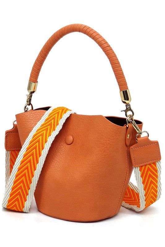 Fashion Bucket Faux Vegan Leather Crossbody Bag with Guitar Strap Fashion World